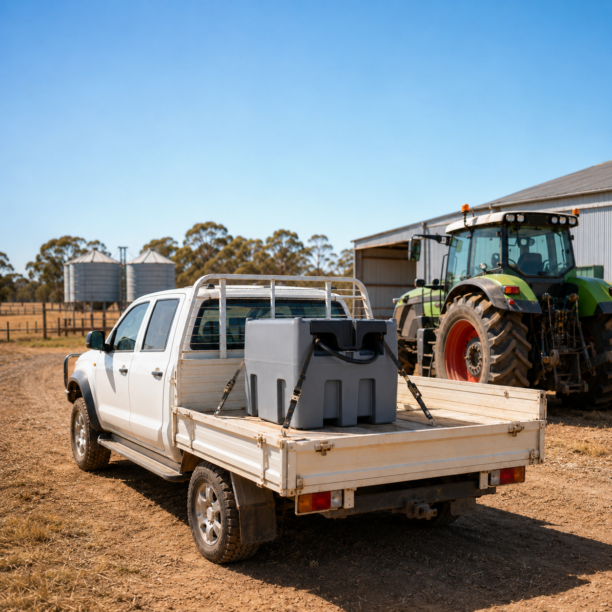white pickup truck with 200L Poly tank fuel storage secured to the back for mobile fuel dispensing
