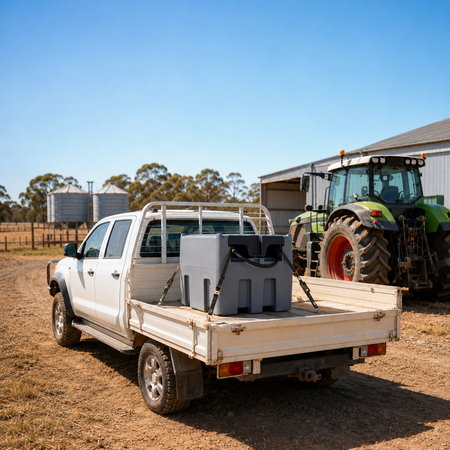white pickup truck with 200L Poly tank fuel storage secured to the back for mobile fuel dispensing
